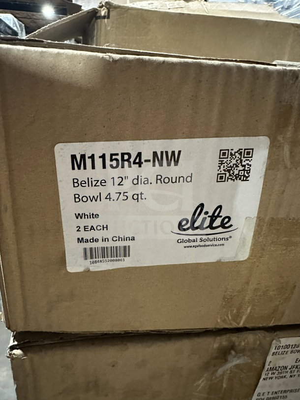 Brown box labeled with "Elite Global Solutions" M115R4-NW, containing two 12" diameter, 4.75-quart white melamine bowls. Made in China.