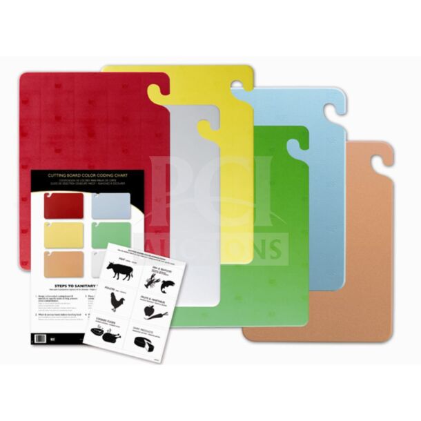 San Jamar Cut-N-Carry Cutting Board Set, Model CB1218KC, includes 6 boards, 12"x18", assorted colors, new condition.