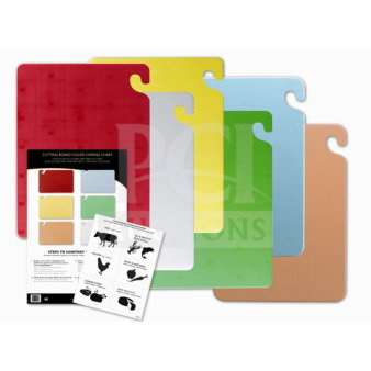 San Jamar Cut-N-Carry Cutting Board Set, Model CB1218KC, includes 6 boards, 12"x18", assorted colors, new condition.