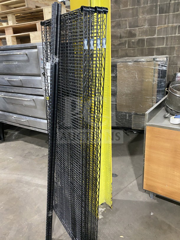 NEW Quantum 24x72" black carbon steel wire shelf, commercial-grade. Features reinforced design, labeled for easy assembly.