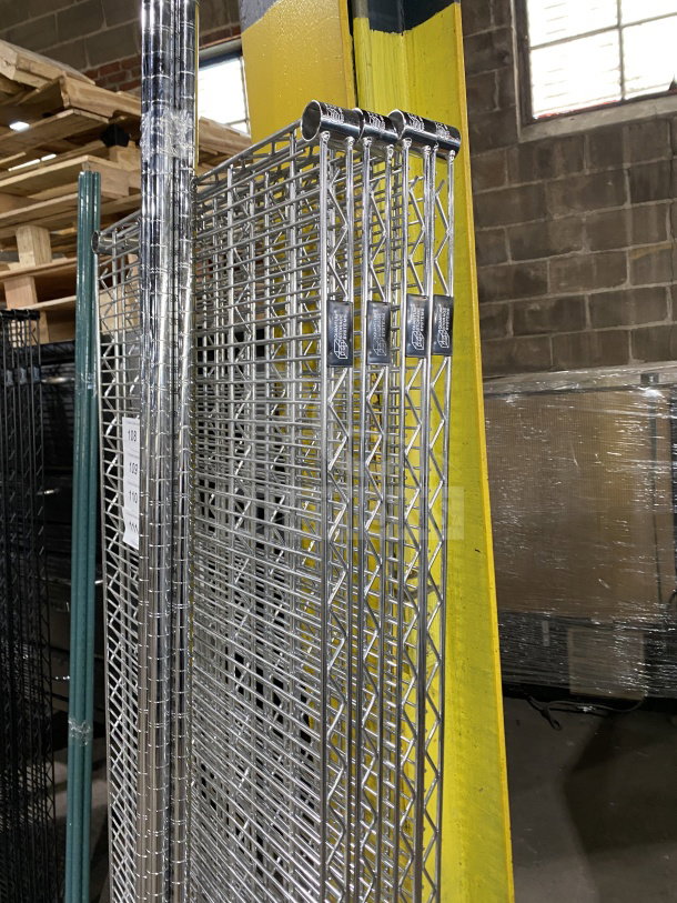 NEW Quantum 24x72" carbon steel silver wire shelf in excellent condition, marked for commercial use.