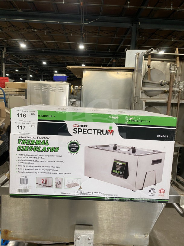 Winco Spectrum ESVC-28 stainless steel sous vide cooker, new in box, 7.4-gallon capacity, digital control panel, 110–120V.