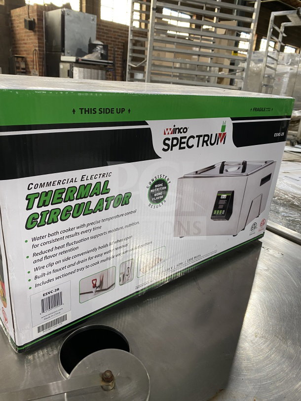 Brand new Winco Spectrum ESVC28 sous vide cooker, 7.4 gal, stainless steel, digital control panel, 110-120V, in box.