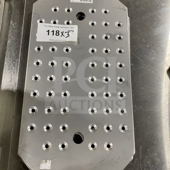 Winco SPFB-1 stainless steel full-size steam table pan false bottom, visible holes for drainage, label indicating auction details.