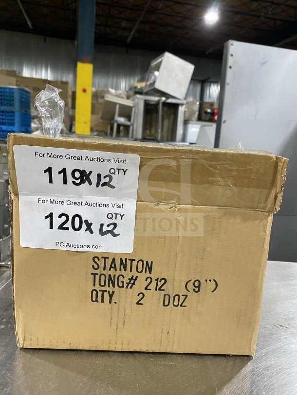 Stanton Trading 9-3/4" stainless steel utility tong, brand new in box, heavy duty, model 212, quantity: 12 dozen.