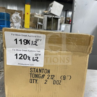 Stanton Trading 9-3/4" stainless steel utility tong, brand new in box, heavy duty, model 212, quantity: 12 dozen.