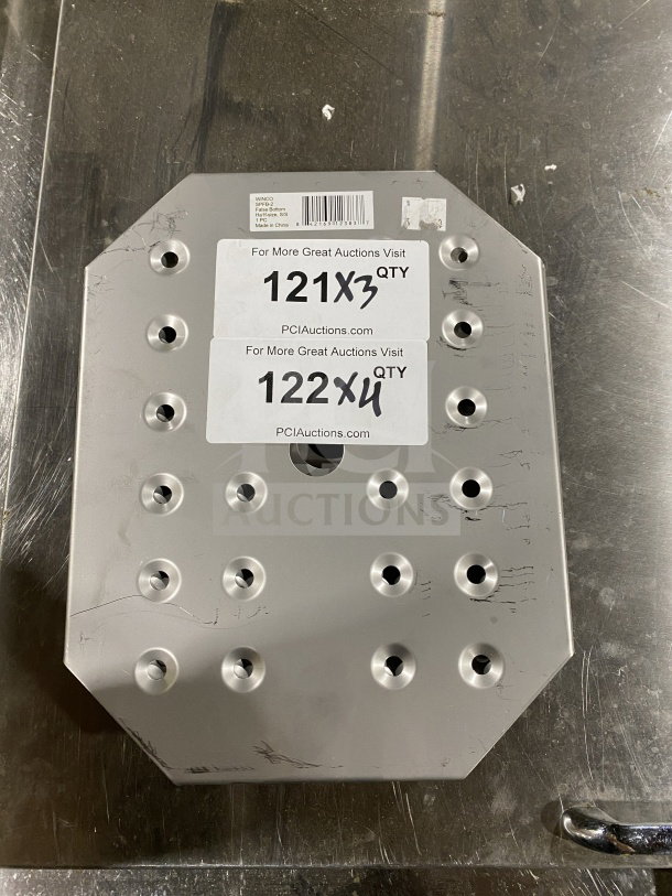 Winco SPFB2 stainless steel false bottom for steam table pan. Visible SKU label. Good condition with some surface scratches.