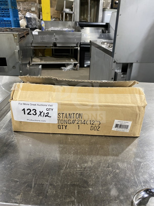 Stanton Trading 12" Stainless Steel Utility Tongs, brand new in box, includes 1 dozen. Box labeled "TONG#214."