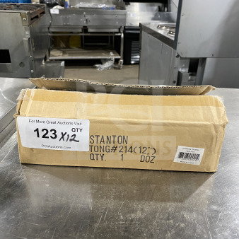 Stanton Trading 12" Stainless Steel Utility Tongs, brand new in box, includes 1 dozen. Box labeled "TONG#214."