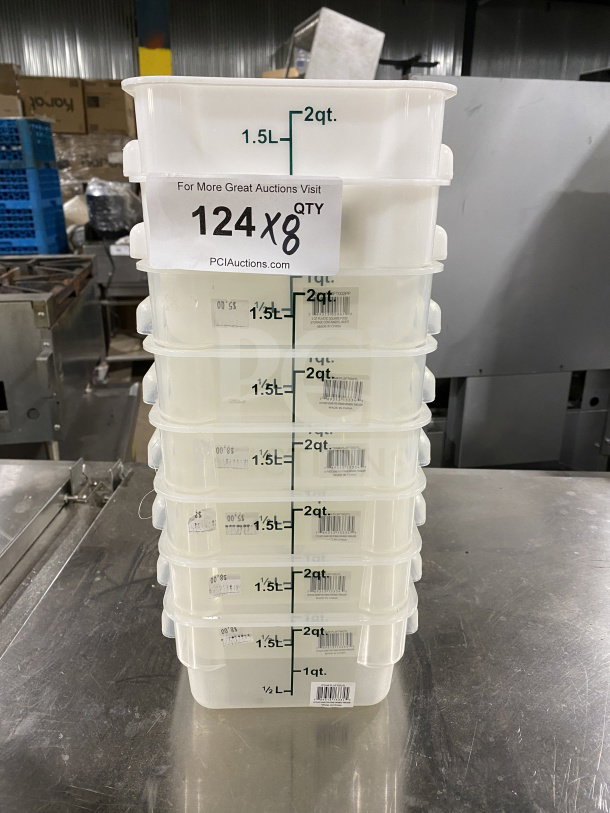 NEW Thunder Group Translucent 2Qt Polypropylene Food Storage Containers, Model PLSFT002TL, stack of 8, markings visible.