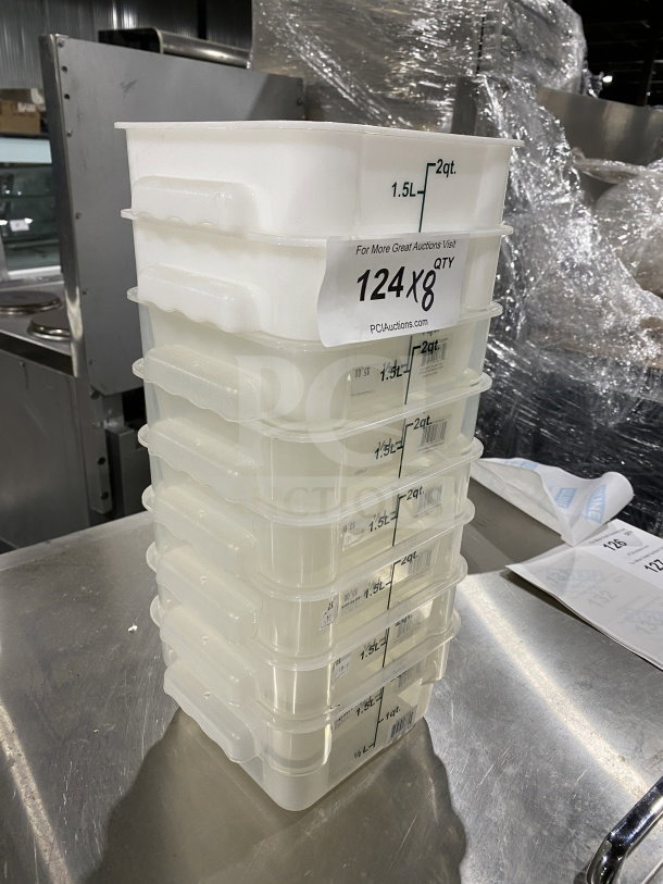 NEW Thunder Group 2Qt square food storage containers, Model PLSFT002TL, translucent polypropylene, stackable, labels show 124 x 8 QTY.