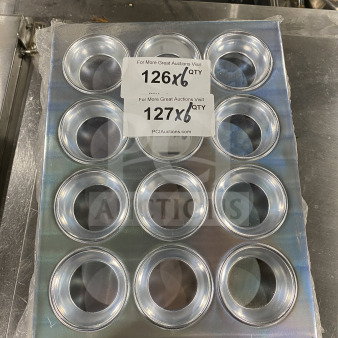 Thunder Group ALKMP012 aluminum muffin pan, 12 cups, 3.5 oz each, new condition. Tags show "126x6 QTY" and "127x6 QTY".