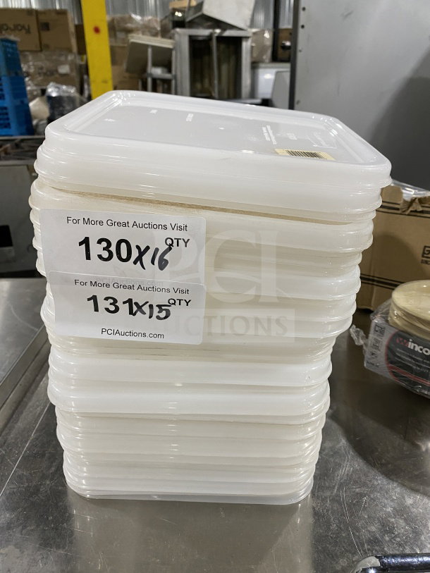 Rubbermaid model 6509 00 WHT plastic storage container covers, stacked; new condition with visible product labels.