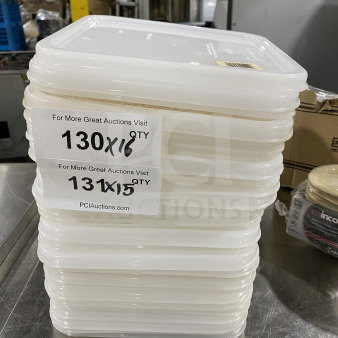Rubbermaid Commercial Polyethylene Square Food Storage Container Covers, Model 6509-00-WHT, stacked in bulk.