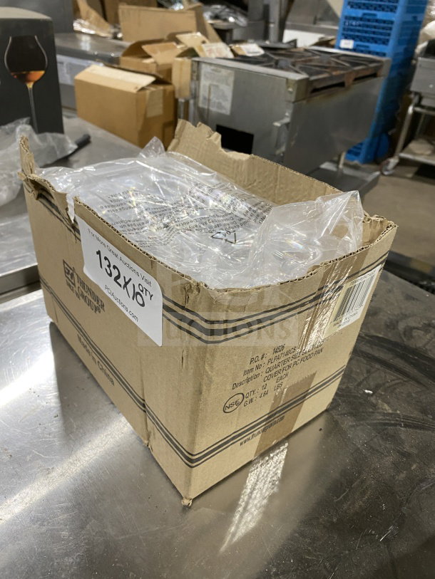 Brand new Thunder Group PLPA7140CS clear polycarbonate food pan lid with notch and handle, in original packaging.