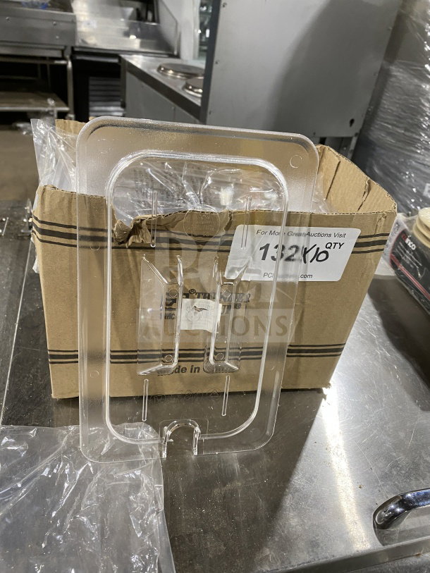 Brand new Thunder Group polycarbonate food pan lid with notch and handle, model PLPA7140CS, displayed on a box.