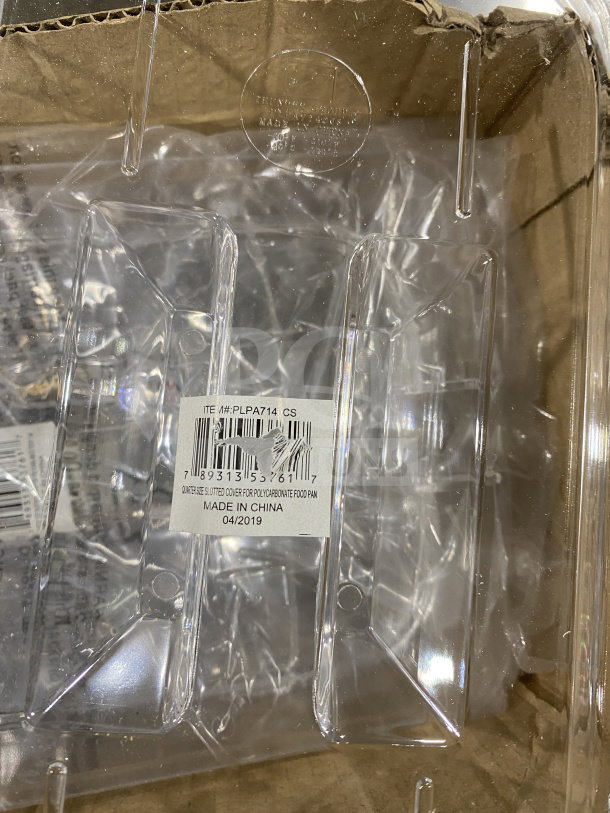 Brand new Thunder Group polycarbonate food pan lid, model PLPA7140CS, with notch, handle, and barcode.