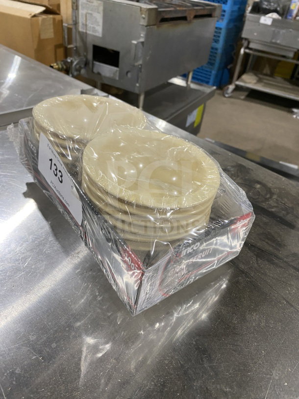 Brand new Winco commercial tan melamine 10 oz. grapefruit bowls, wrapped in plastic. Item number 133 on packaging.