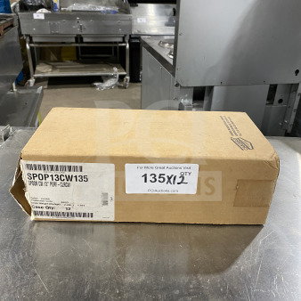 Box of 12 Cambro Camwear Series Clear 13” Perforated Deli Spoons, Model SPOP13CW135, new condition, label visible.