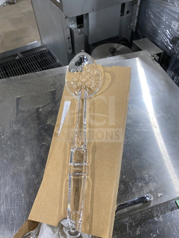Brand new Cambro Camwear 13" clear perforated deli spoon, model SPOP13CW135, commercial use, 12 per case.