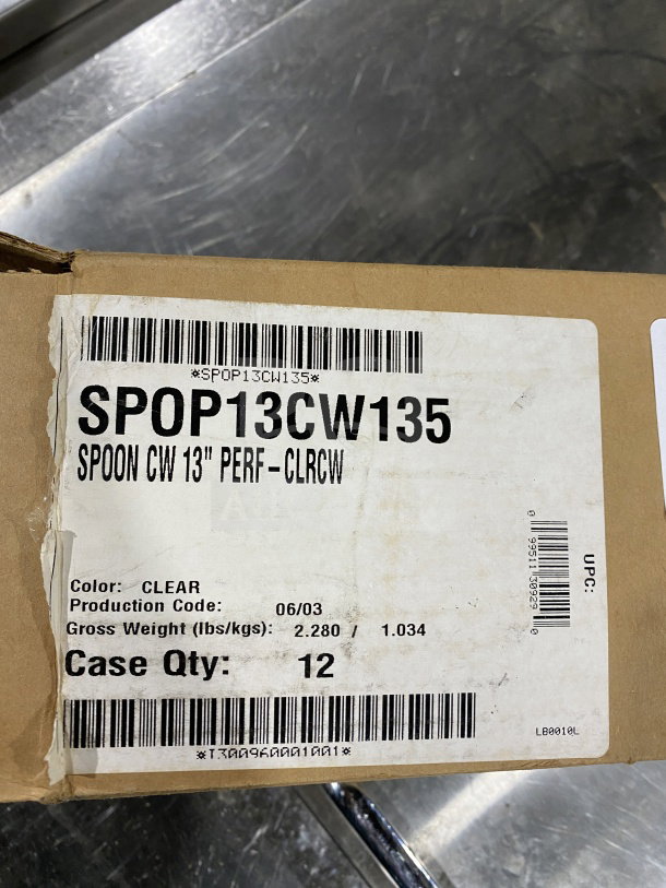 Box of Cambro Camwear SPOP13CW135 clear 13” perforated deli spoons, 12 per case. New condition, case details shown.
