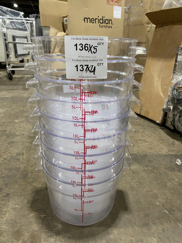 Brand new 12 Qt. clear polycarbonate food storage container with measurement markings, stack of five, in pristine condition.