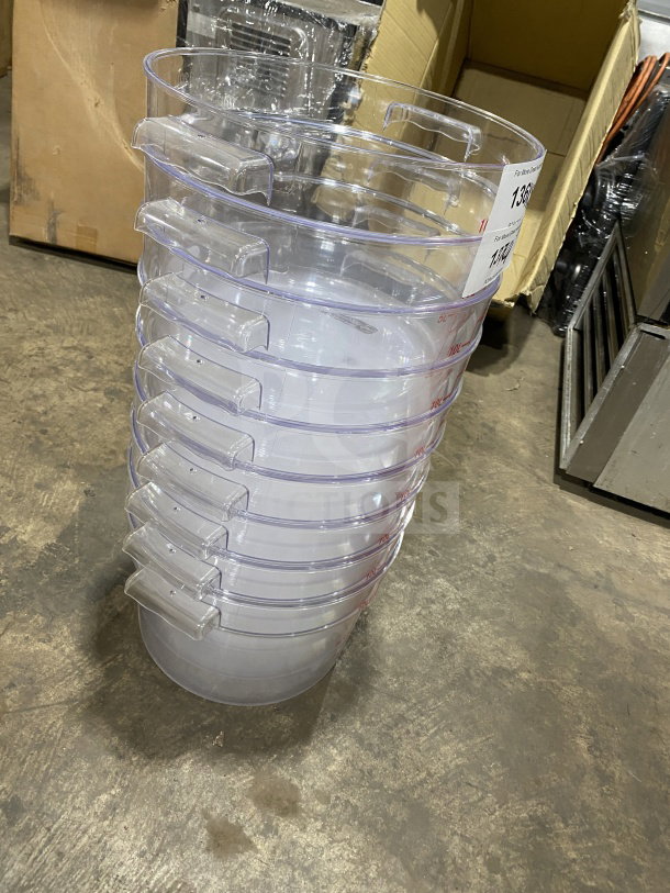 Commercial 12 Qt. clear polycarbonate round food storage containers, new condition, stackable design, auction tag visible.