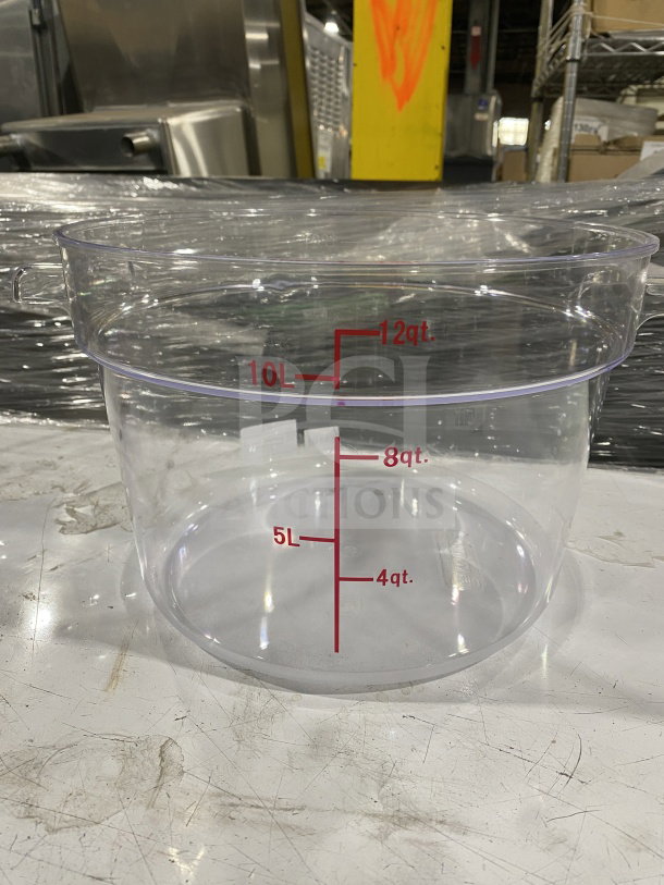 Brand new 12 Qt. clear round polycarbonate food storage container, marked in quarts and liters for easy measurement.