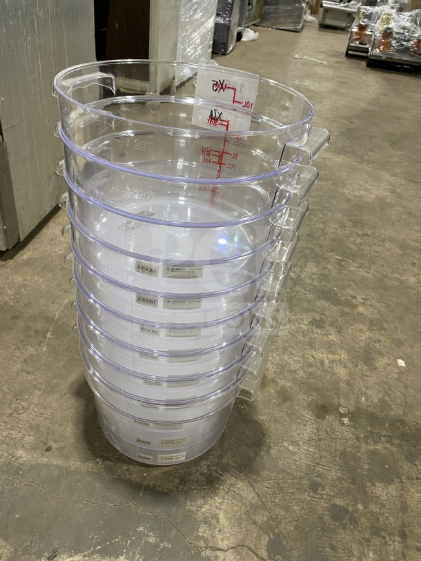 Brand new 12 Qt. clear round polycarbonate food storage containers, stackable, with measurement markings, in pristine condition.