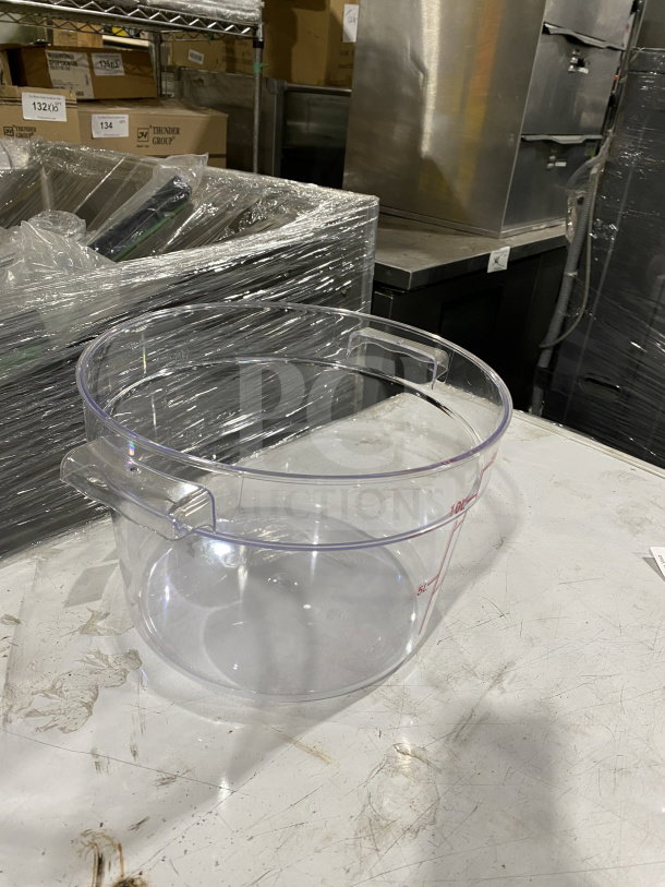 Brand new 12 Qt. clear polycarbonate food storage container, commercial grade. Marked measurements in quarts and liters.
