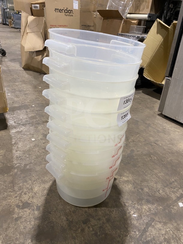 Winco 12-Quart Clear Polycarbonate Food Storage Container, Model PTRC-12, new condition, stackable with measurement markings.