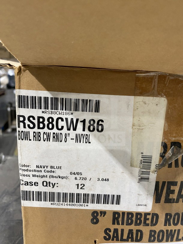 Cambro 8" navy blue polycarbonate Camwear bowl, Model RSB8CW148. 1 13/20 Qt capacity. Box label shows case quantity of 12.