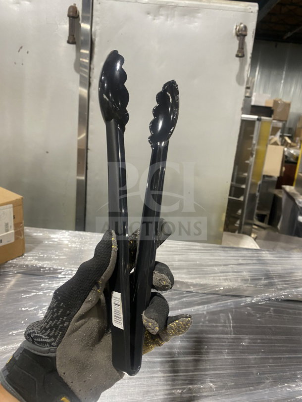 Brand new Cambro Lugano Series 12” black flat-grip tongs, model 12TGS110, shown with barcode.