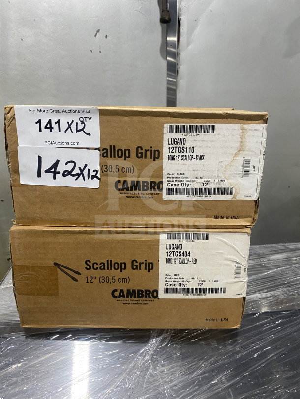 Cambro Lugano Series 12" Flat-Grip Serving Tongs in black, model 12TGS110. Brand new in original packaging. Case quantity of 12.
