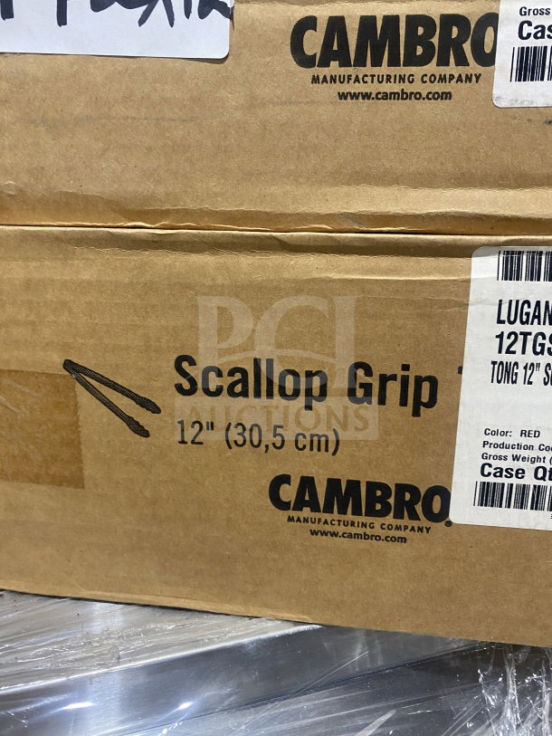 Cambro Lugano Series Commercial Black 12” Flat-Grip Serving Tongs, Model 12TGS110, new in box, 12-pack auction lot.