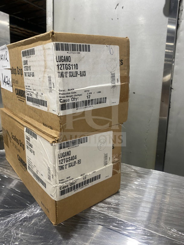 Two sealed boxes of Cambro Lugano Series Commercial Black 12” Flat-Grip Serving Tongs, Model 12TGS110, labeled for retail.