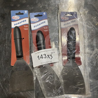 Winco Winware TKP-40 stainless steel scrapers with black slip-resistant handles, model TKP-40, pack of three, new condition.