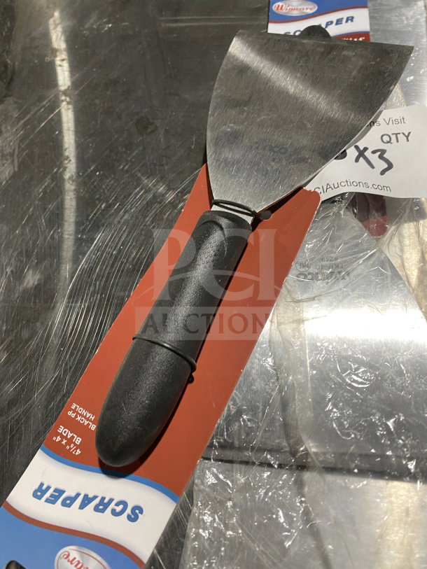 Brand new Winco Winware TKP-40 stainless steel scraper with black slip-resistant polypropylene handle. Includes original packaging.