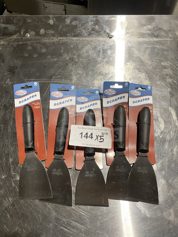 Winco Winware TKP-40 scrapers, stainless steel blades, black slip-resistant polypropylene handles, brand new, set of five.