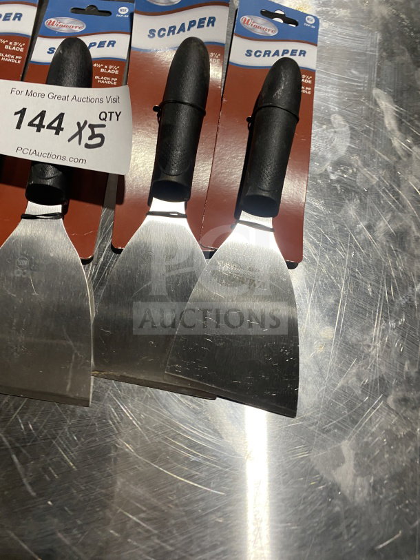 Brand new Winco Winware TKP-40 stainless steel scrapers with 3.5" blade, black slip-resistant handle, commercial quality.