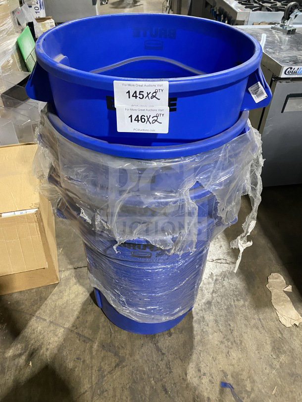 Rubbermaid BRUTE Series 32 Gal. blue trash can, model FG263200BLUE, new condition, wrapped in plastic.