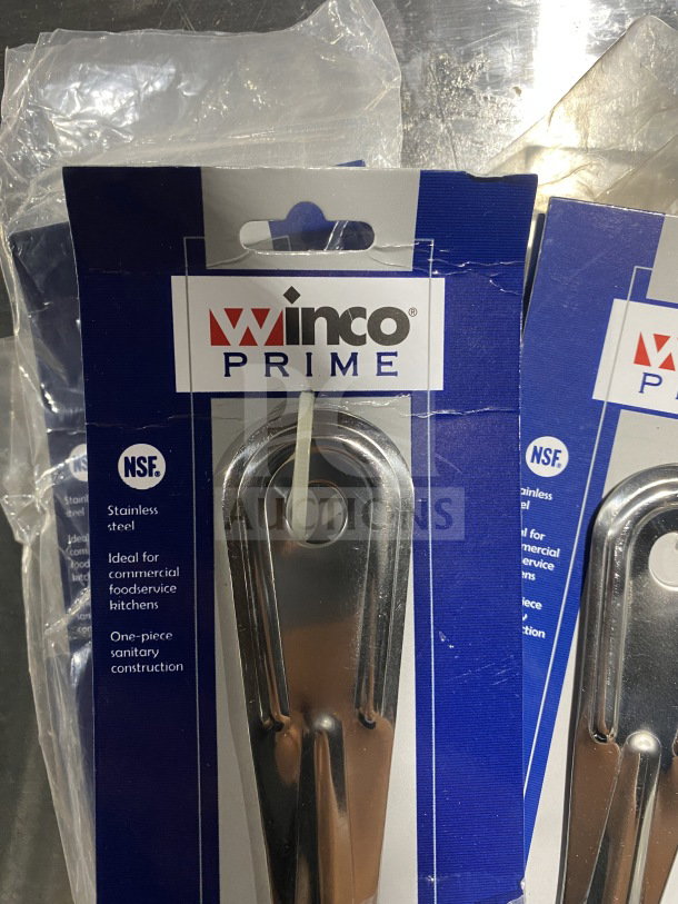 Brand new Winco Prime Series stainless steel perforated buffet serving spoon in packaging, NSF certified, ideal for commercial use.