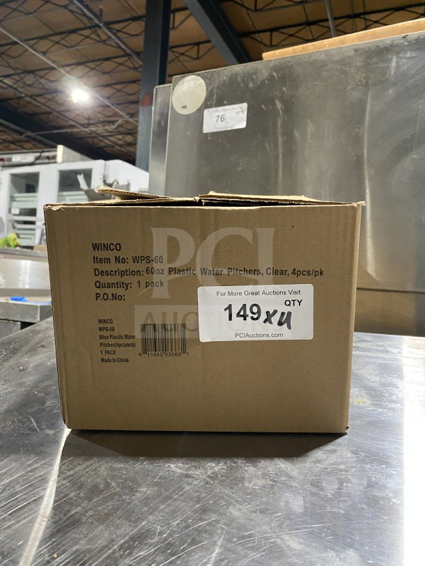 Box of Winco WPS-60 60oz plastic water pitchers, translucent, new condition, contains 4 pieces.