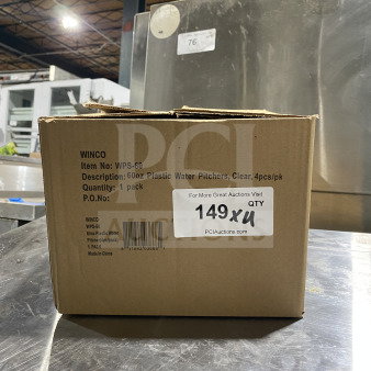 Box of Winco WPS-60 60oz plastic water pitchers, translucent, new condition, contains 4 pieces.