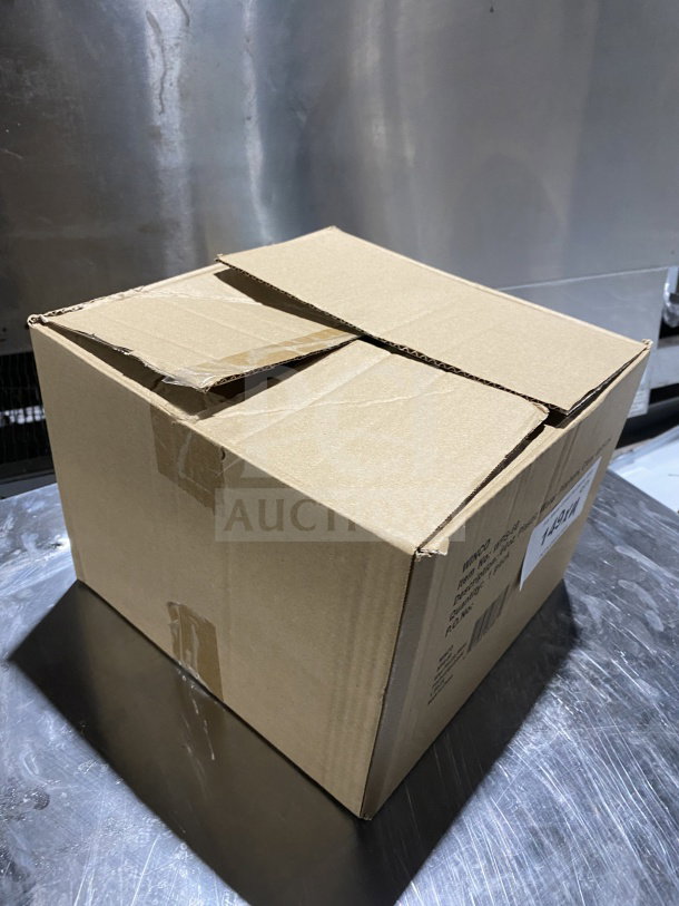 Cardboard box containing brand new Winco WPS-60 commercial 60oz translucent plastic water pitchers, four units.