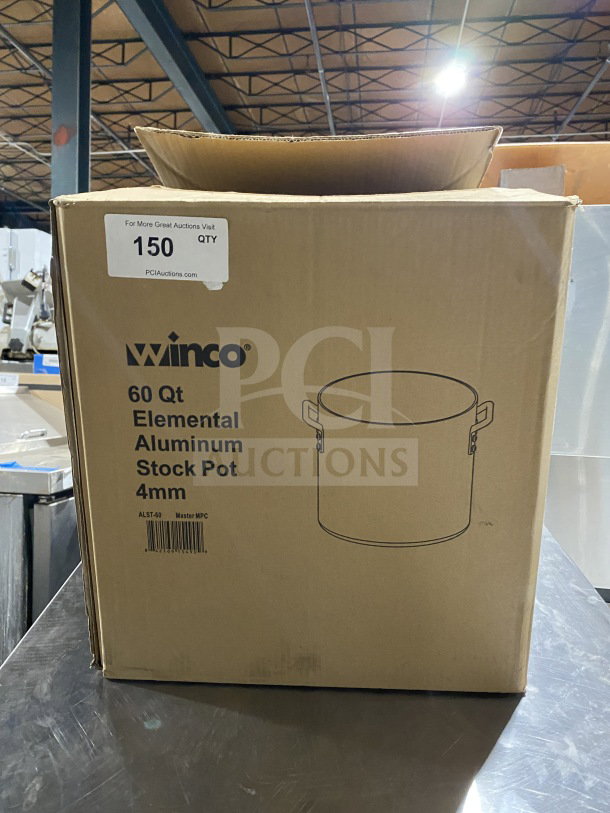 Brand new Winco ALST-60 60Qt Elemental Aluminum Stockpot in box. Model ALST-60, SN: 842169154909. Box labeled "150 QTY."