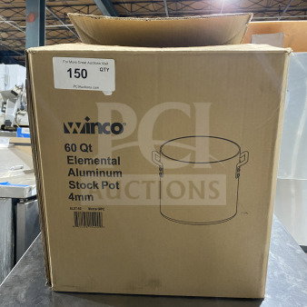 Brand new Winco ALST-60 60Qt Elemental Aluminum Stockpot in box. Model ALST-60, SN: 842169154909. Box labeled "150 QTY."