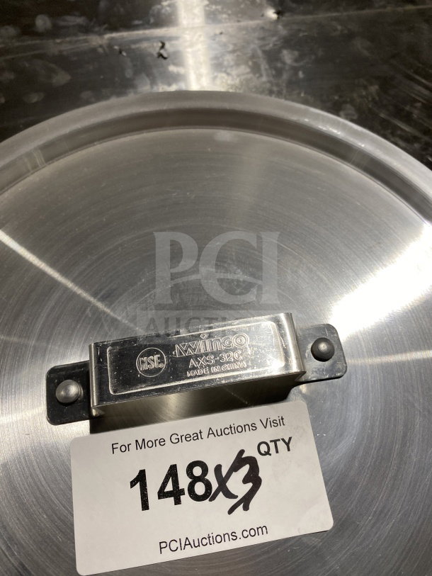 NEW Winco AXS-32C 32-Qt Aluminum Stock Pot Cover, commercial-grade, pristine condition, "NSF" marked.