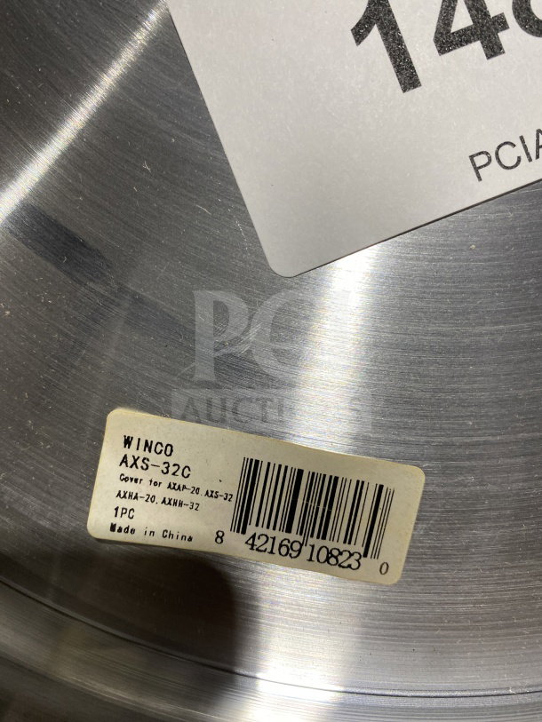 Winco AXS-32C aluminum stock pot cover, new condition, commercial-grade, visible label with model and barcode. Made in China.