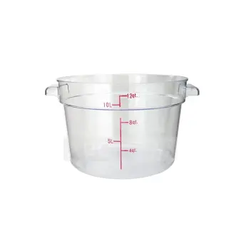 Brand new commercial 12 qt clear polycarbonate food storage container with measurement markings, round design.